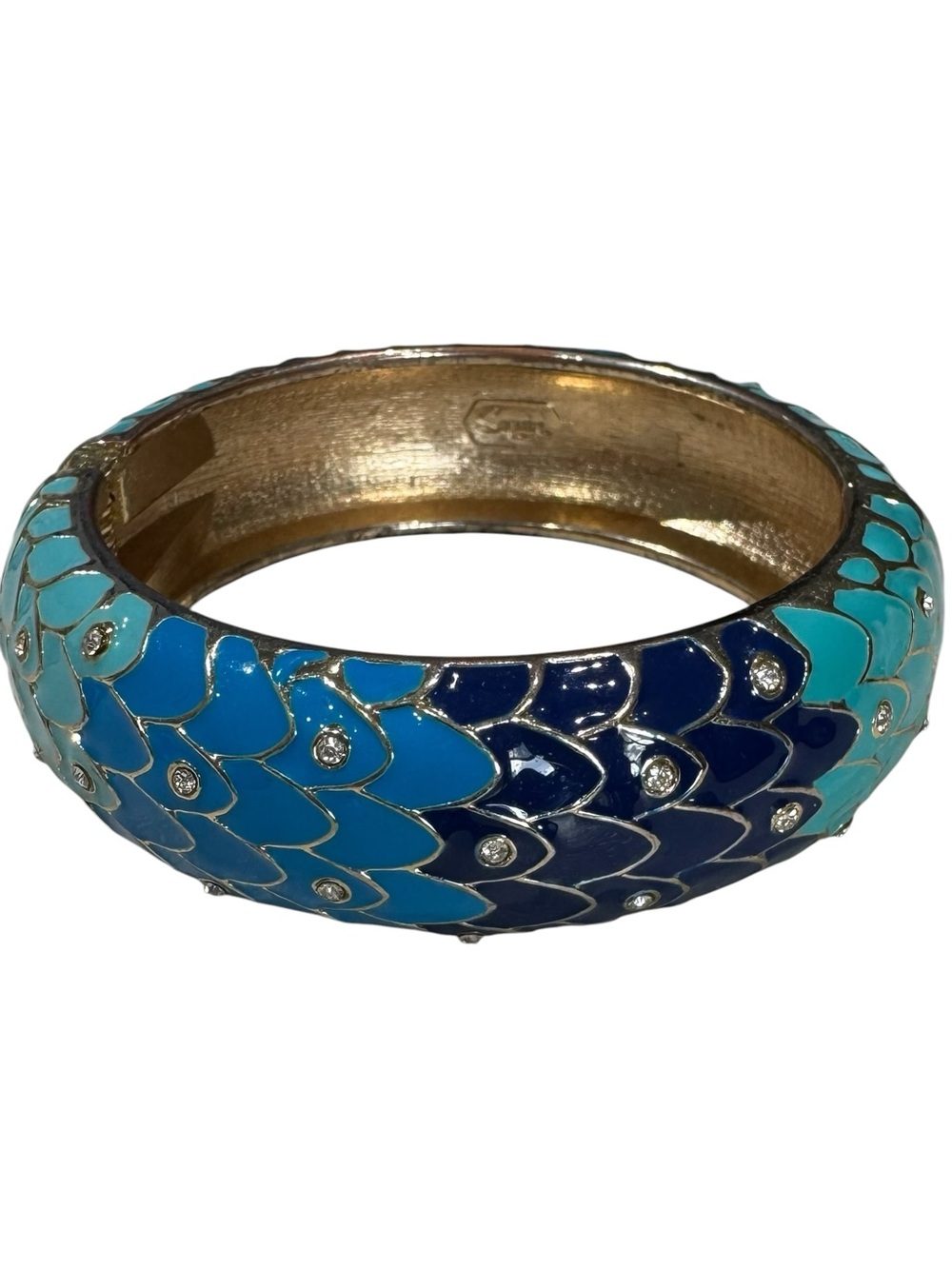 Sequin Gold Plated Teal Blue Crystal Scale Pattern Hinged Bangle Bracelet